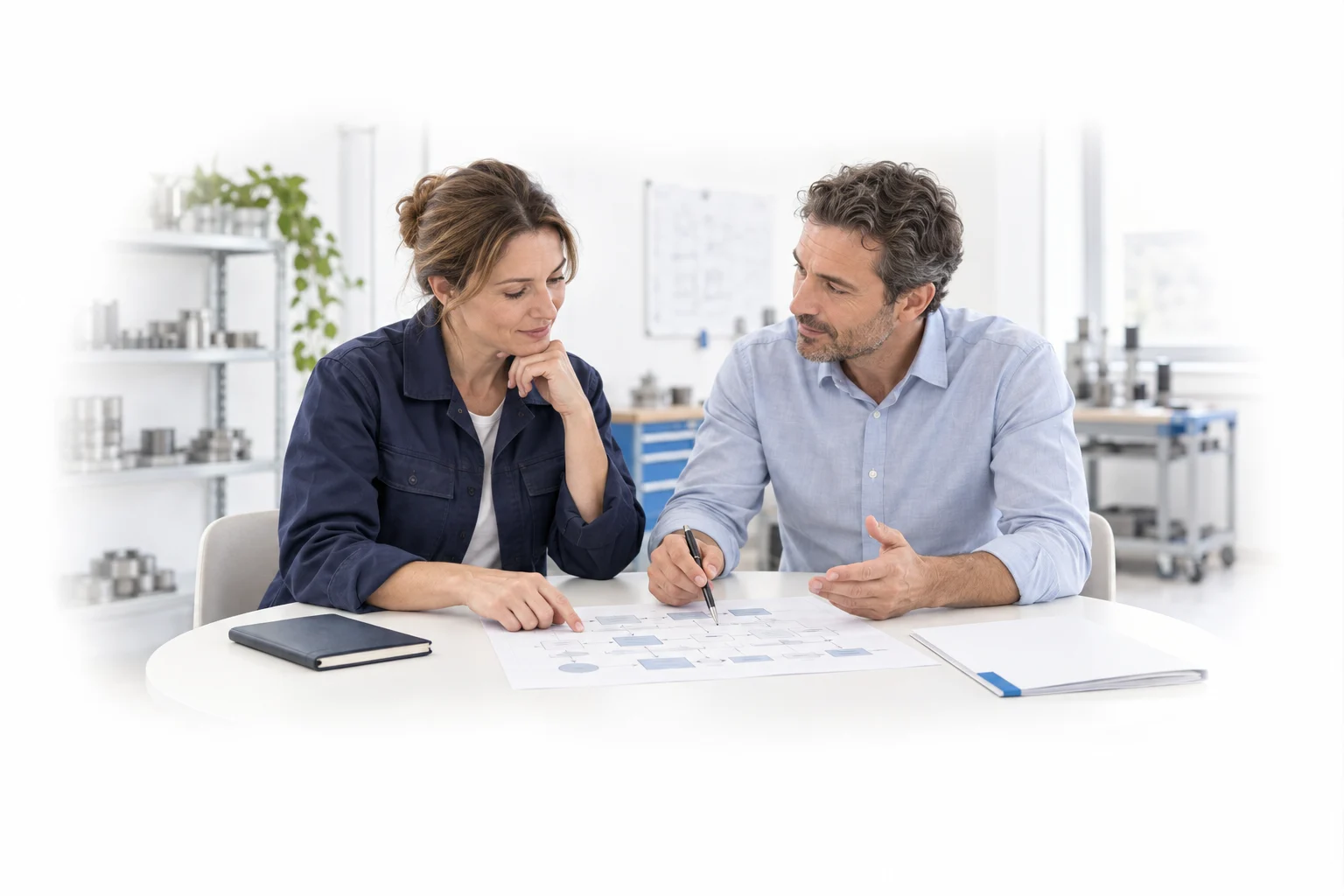 Deux professionnels étudient ensemble un processus sur papier.