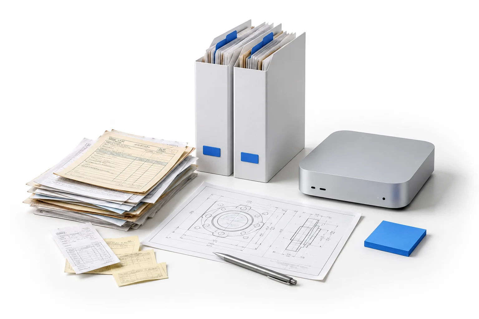 Documents, classeurs et plans de travail réunis autour d’un ordinateur.