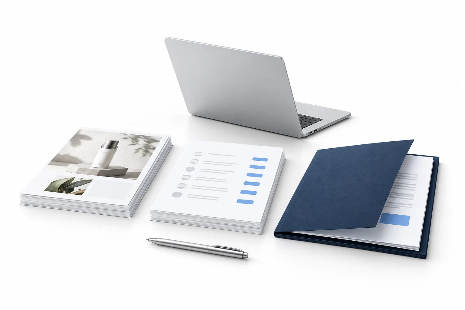 Contenus marketing, liste de prospects et proposition commerciale réunis sur un bureau.