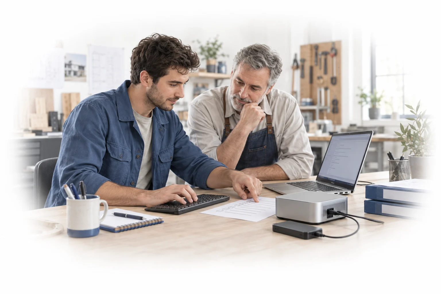Un consultant configure un poste local avec le dirigeant d’une petite entreprise.